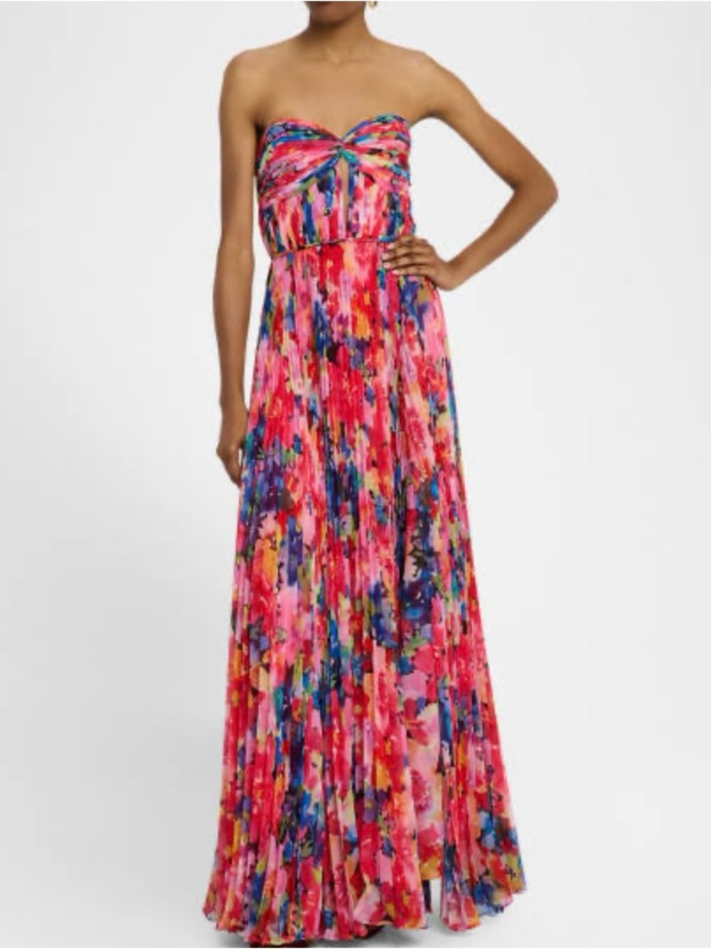 Jovani Strapless Pleated Floral-Print Gown